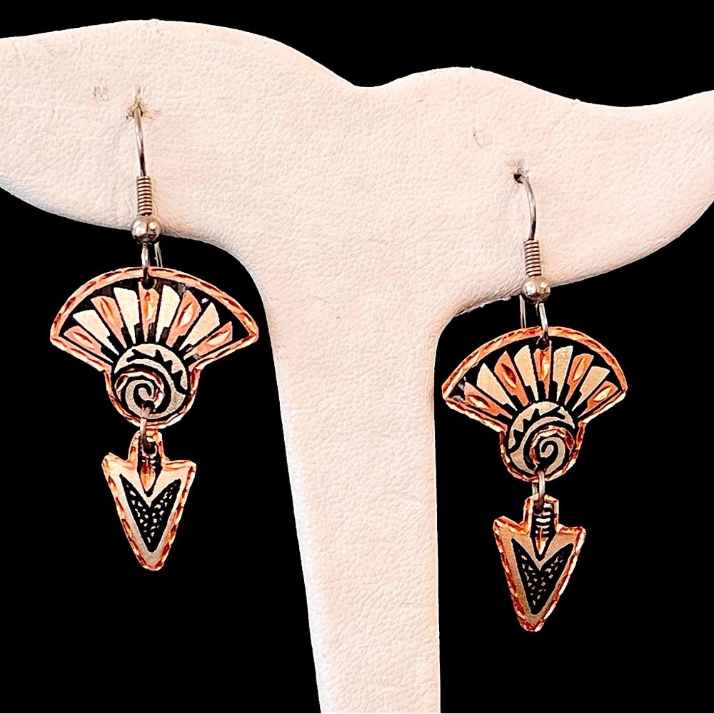 Tricolor lightweight copper, silver, black earrings